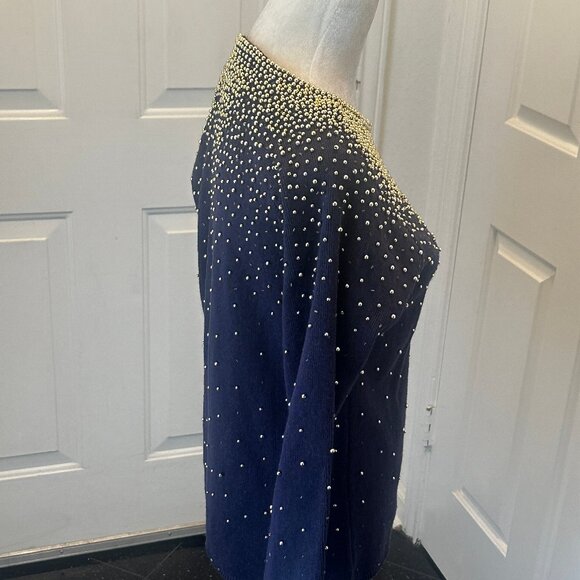 Vintage 80's Bonnie Boerer Embellished Navy Sweater with Gold Beads S - Picture 7 of 14